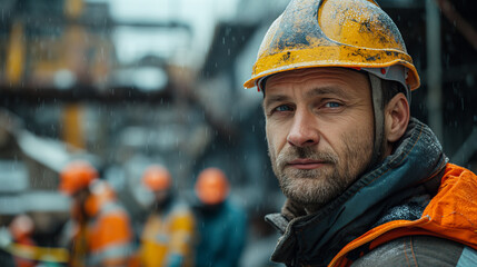 Wall Mural - Portrait of a man in uniform and helmet on the building background, concept of civil engineering or rescuer