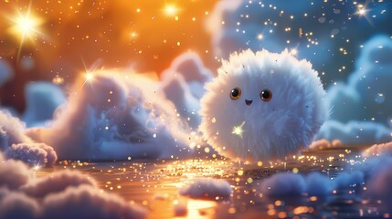 The tiny character, resembling a fluffy cloud with eyes, floats gracefully through the studio, leaving a trail of glittering stars in its wake.