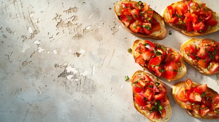 Sticker - Fresh Tomato Bruschetta on White Stone: Bright and flavorful bruschetta topped with juicy tomatoes and basil on a pristine surface.