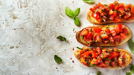 Sticker - Classic Bruschetta with Tomato and Basil: Elegant appetizer on a light background, showcasing the simplicity of Italian cuisine.