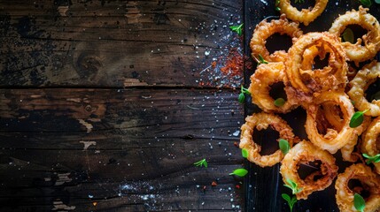 Wall Mural - Golden Fried Calamari on Dark Wood Background