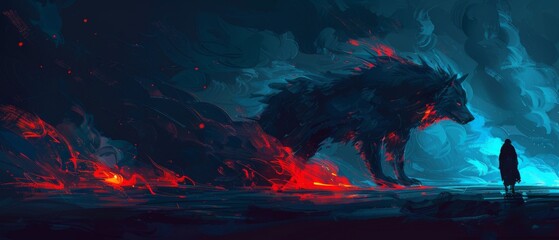 Wall Mural -  a man standing in front of a wolf in a dark forest with red and blue flames coming out of it.