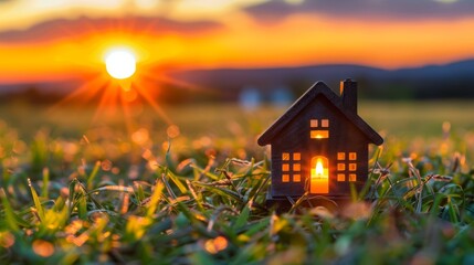 Canvas Print -  a small house sitting in the middle of a field of grass with the sun setting in the distance behind it.