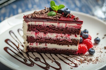 Wall Mural - A slice of chocolate cake with blueberries and mint on top