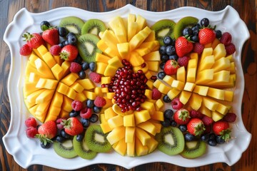 Wall Mural - A white platter with a variety of fruits including kiwi, strawberries