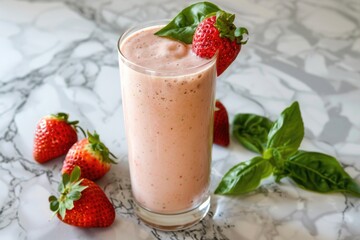 Wall Mural - A glass of strawberry smoothie with a strawberry on top