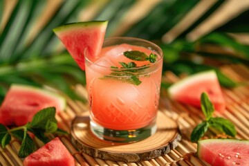 Wall Mural - A glass of pink watermelon juice with a slice of watermelon on top
