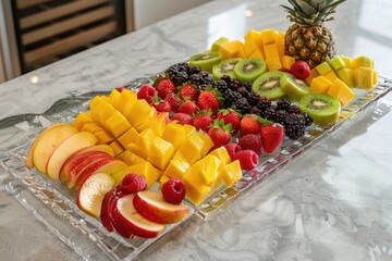 Wall Mural - A fruit platter with apples, strawberries, raspberries, and kiwi