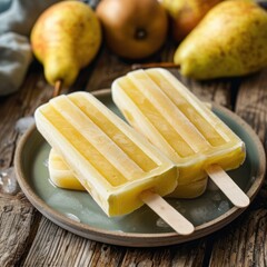 Wall Mural - Three popsicles are on a plate with a pear and a pineapple