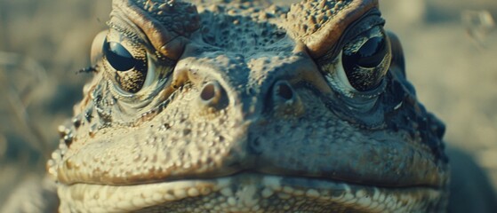 Sticker -  a close up of a large alligator's face with a blurry background of grass and rocks in the background.