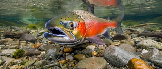 Sticker -  a close up of a fish on a body of water with rocks and grass in the foreground and another fish in the background.