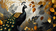 Decorative Artistic Background With Black Peacock And Golden Leaves