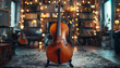 Violinist's instrument, cello or double bass in a recording studio.