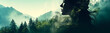 Human is part of nature. Banner with Transparent profile of young woman  and mountain landscape. Earth Day. Double exposure.