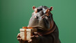 cute hippopotamus holding a gift