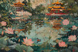 A view of a pond with ducks, lotus, and a pagoda
