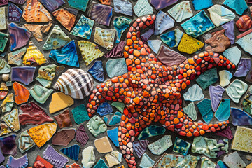 Wall Mural - A mosaic of small tiles forming an image of a fish or a shell or a starfish