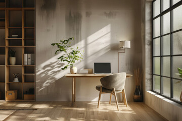 Poster - A minimalist office with a desk, a chair, a laptop, and a plant