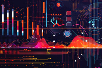 A 2d illustration of a graph with bars, lines, and dots showing some data and trends