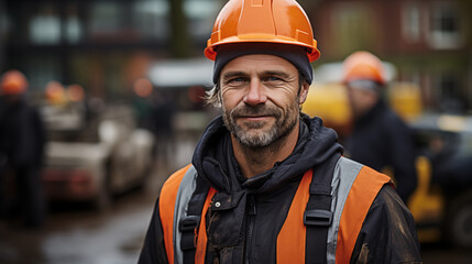 Wall Mural - Portrait of a ma in uniform and helmet on the building background, concept of civil engineering