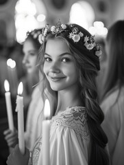 Wall Mural - First communion joy: heartwarming moments of young believers in white dresses, celebrating this sacred Christian sacrament with faith, purity, spirit of spiritual growth in memorable church ceremony.