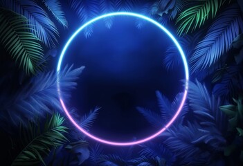 Wall Mural - Tropical jungle design with purple neon circle with anime aesthetics and sci-fi future influence, spectacular backdrop of light navy and blue, surrounded by the vibrant greens of foliage, copy space.