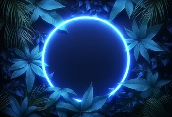 Wall Mural - Tropical jungle design with purple neon circle with anime aesthetics and sci-fi future influence, spectacular backdrop of light navy and blue, surrounded by the vibrant greens of foliage, copy space.