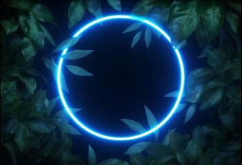Wall Mural - Tropical jungle design with purple neon circle with anime aesthetics and sci-fi future influence, spectacular backdrop of light navy and blue, surrounded by the vibrant greens of foliage, copy space.