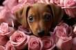 Adorable ginger dachshund puppy with stunning pink roses for spring greeting card design