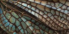 A Close Up Of A Dragonfly Wing With A Blue And Gold Pattern