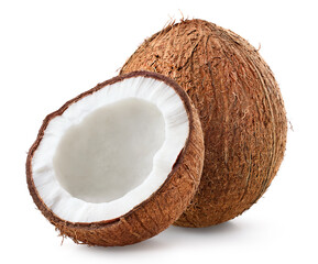 Canvas Print - Whole and half of fresh ripe coconut on white background