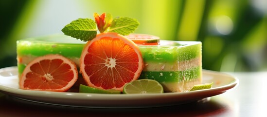 Canvas Print - A piece of fruit cake sits on a plate placed on a table. The cake appears moist and colorful, showcasing various fruits and nuts. The table has a simple design, emphasizing the delicious treat.