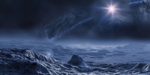 Wall Mural - a star is shining in the sky above a rocky, icy landscape