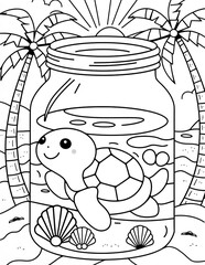 Wall Mural - summer coloring page for children - an animal in a jar against the background of the sea and palm trees