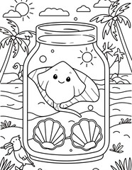 summer coloring page for children - an animal in a jar against the background of the sea and palm trees