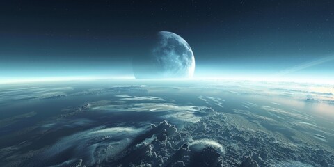 Wall Mural - A blue and white planet with a large moon in the sky