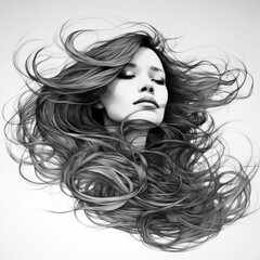 Wall Mural - beautiful young girl female profile silhouette with long hair hairstyle black ink sketch drawing	