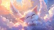 Nestled in a bed of fluffy clouds, the cute character dreams of soaring through the sky, its arms outstretched like wings as it imagines the wind in its fur.