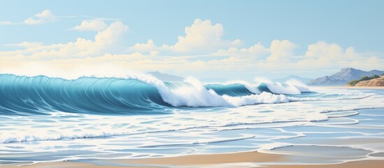 Wall Mural - A powerful wave crashes onto a sandy beach, sending water flying in all directions. The force of the wave is evident in the spraying water and the white foam it creates as it hits the shore.