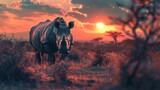 Fototapeta  - Animal wildlife photography rhino with natural background in the sunset view, AI generated image
