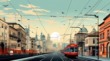 Milan, Italy. Graphic Concept Of Milan Cityscape At Sunrise. Travel Or Postcard Concept