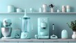 Stylized Blue Kitchen with Assorted Items, To showcase a modern and sleek kitchen space with a cohesive color scheme and assorted items