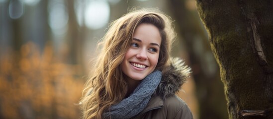 Wall Mural - A young woman with a beautiful smile stands next to a tree in a forest grove. She is surrounded by lush greenery and tall trees, creating a peaceful atmosphere.