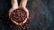 Top view woman’s hands holding brown cocoa beans isolated on dark background. AI generated image