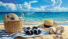 A Beach Towel With Black And White Striped Flipflops, A Straw Hat, And A Beige Sea Shell Beside It On The Sand Of An Exotic Island With A Clear Blue Sky And Ocean In The Background Generative AI