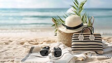 A Beach Towel With Black And White Striped Flipflops, An Embroidered Hat, And A Straw Bag On The Sand Near The Ocean Generative AI