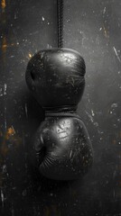 Wall Mural - Weathered black boxing gloves hanging on a grunge backdrop with scratch marks. Concept of boxing training, worn sports equipment, and gritty athletic aesthetic.