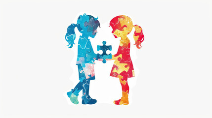 Wall Mural - Autism Awareness Day, 2 April, autistic kids holding hands made up of colorful watercolor art, Autism Spectrum Disorder concept, ASD, Syndrome, Symptoms