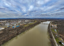 Sayre, PA, USA - 03-03-2024 - Cloudy Winter Aerial Image Of Chemung River Near Downtown Area In The City Of Sayre, PA. 