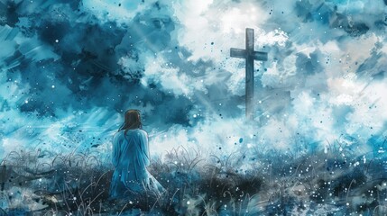 Mary Kneeling And Looking At The Cross In The Sky. Digital Watercolor Painting